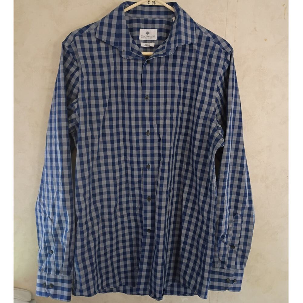 Ryan Seacrest Distinction Blue Gingham Dress Shirt 15.5 34/35 Slim Fit Non Iron